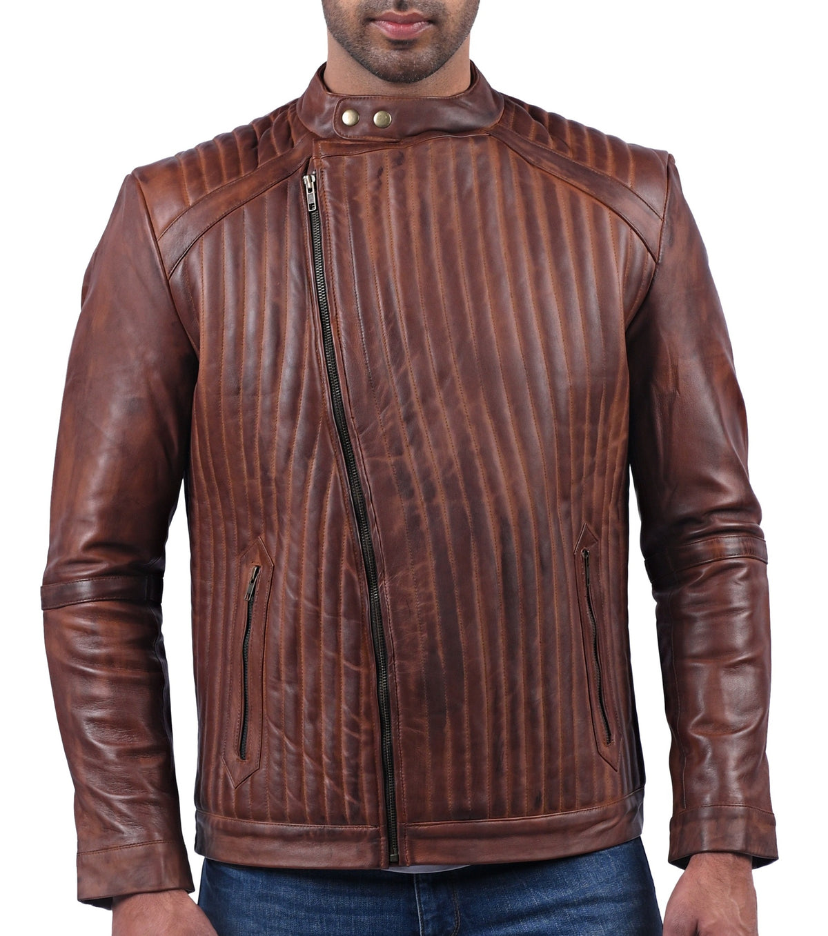 York tan waxed sheepskin biker jacket for men with wavy stitching