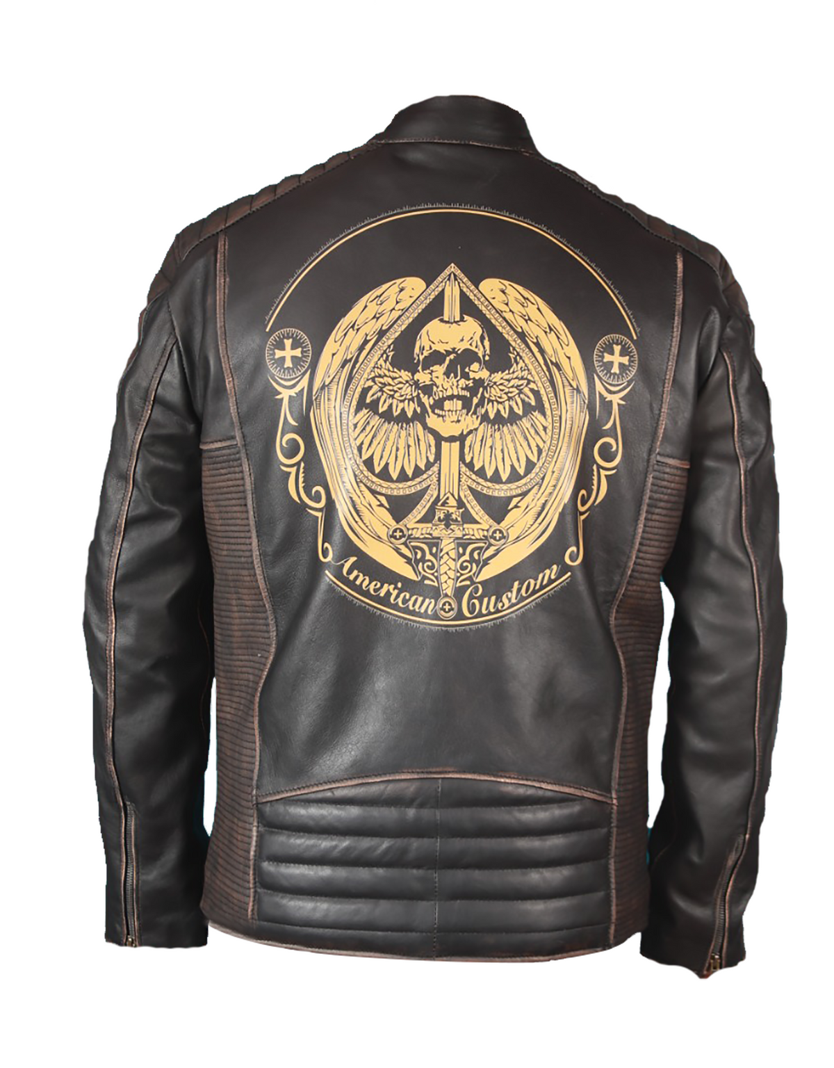 Men's black cowhide leather biker jacket with American skull print