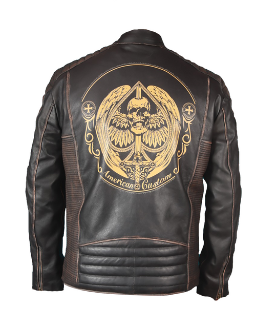 Men's black cowhide leather biker jacket with American skull print
