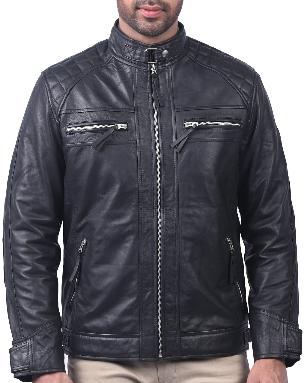 Men's black sheepskin cafe racer biker jacket