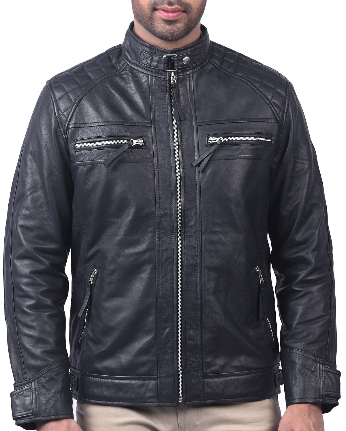 Men's black sheepskin cafe racer biker jacket