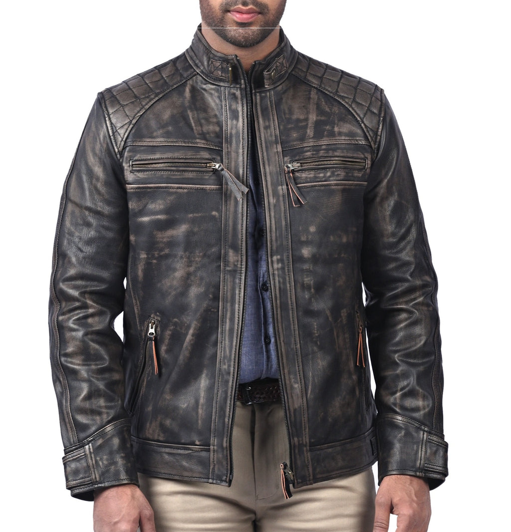 Men's black distressed cowhide cafe racer jacket