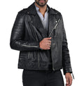 Boda Skins black sheepskin double breasted biker jacket for men