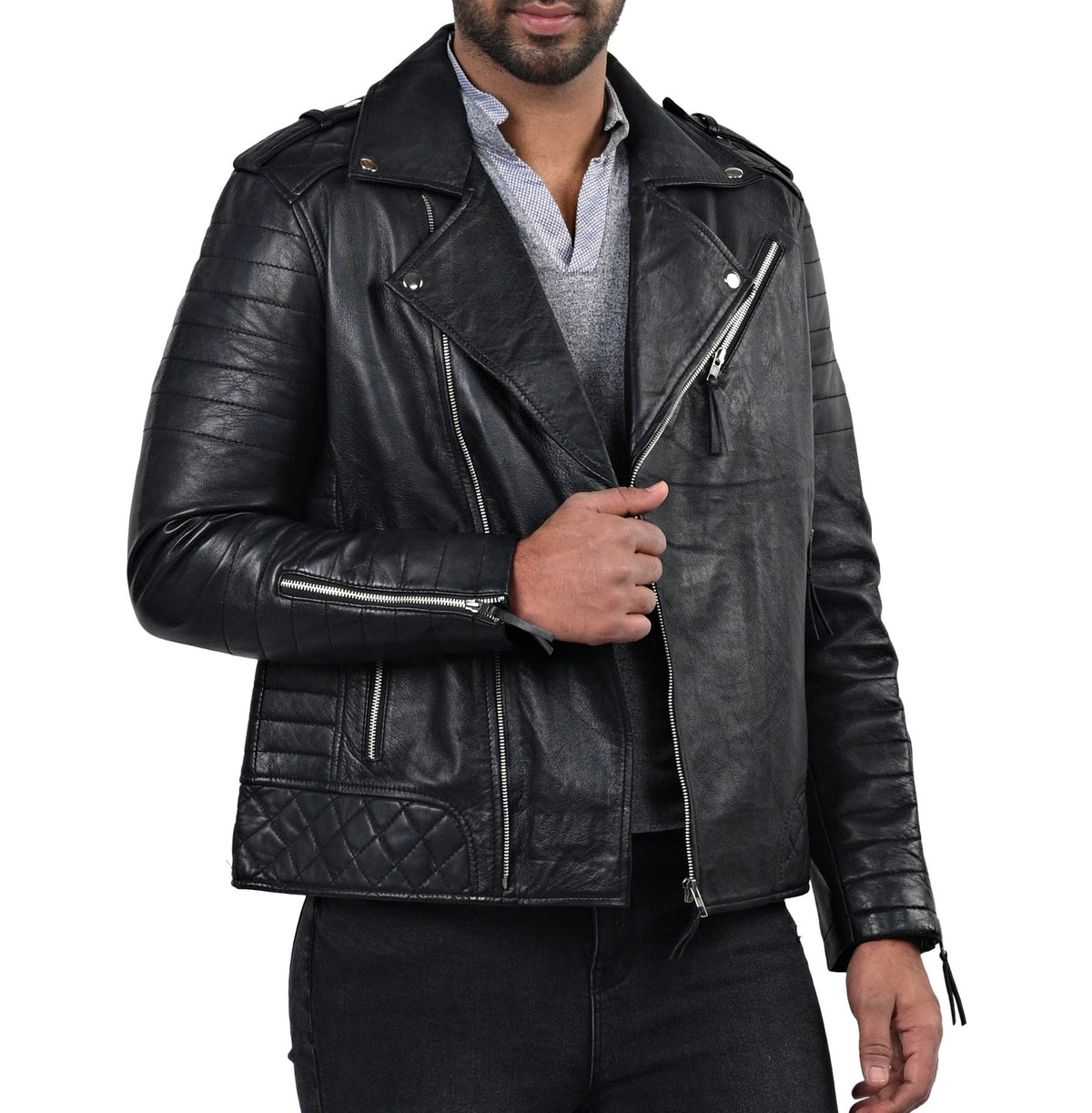 Boda Skins black sheepskin double breasted biker jacket for men