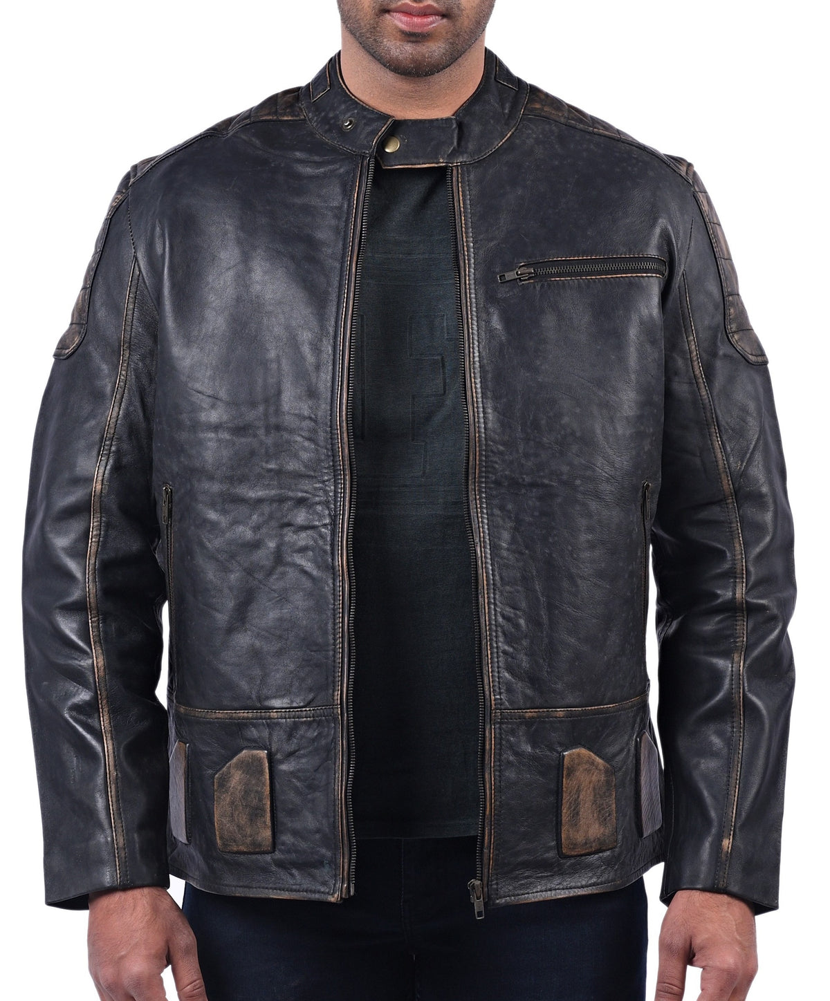 Men's black rub-off cowhide leather biker jacket