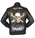 Skull Ride print black sheepskin biker jacket for men