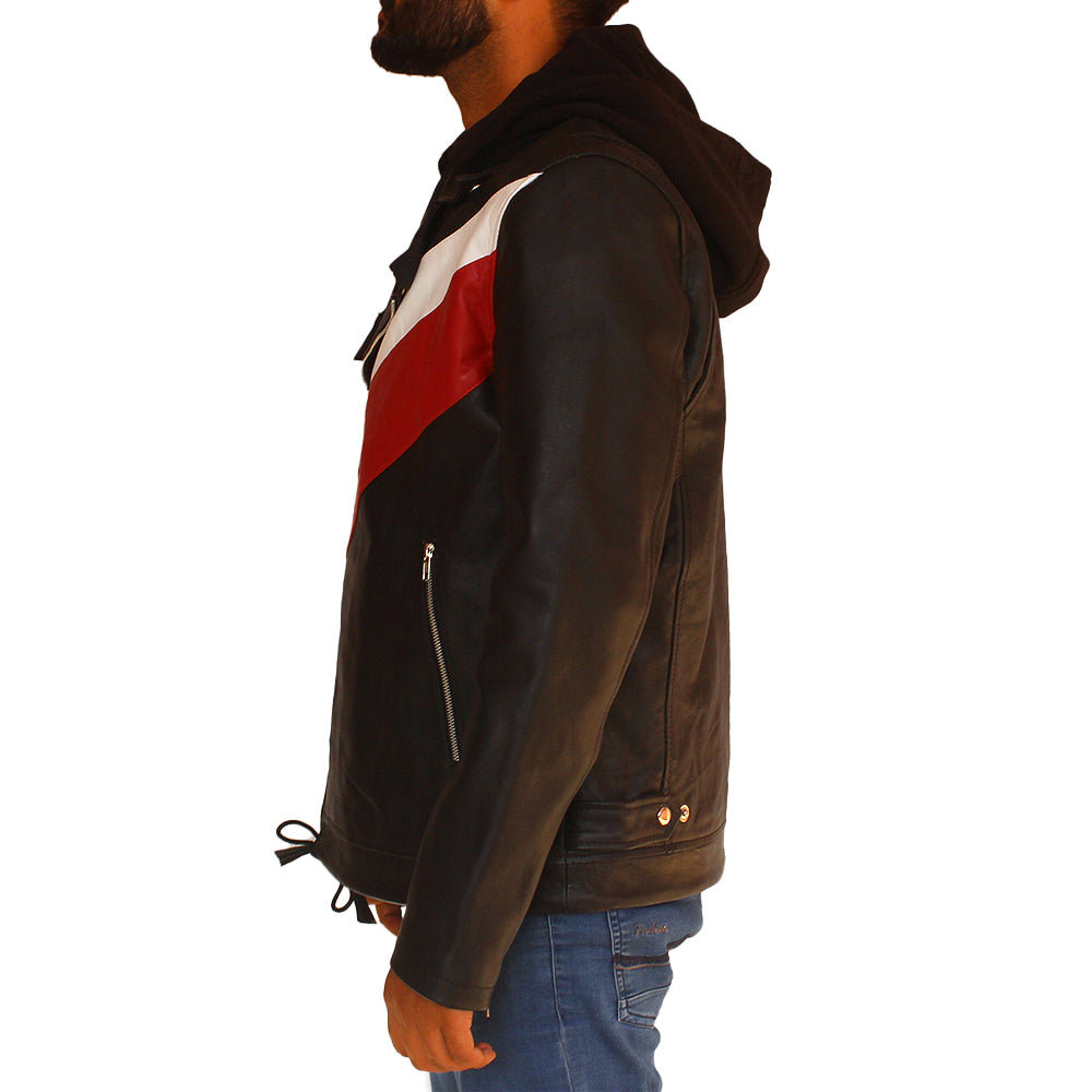 Men's black cowhide hooded biker jacket, photo 2