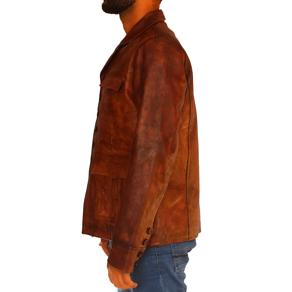 Men's distressed brown cowhide biker jacket, photo 2