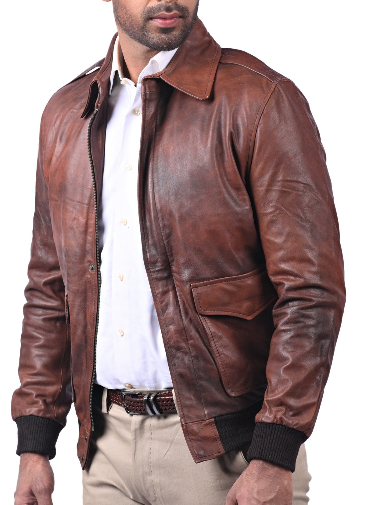 A2 pilot bomber jacket in antique brown cowhide, photo 3