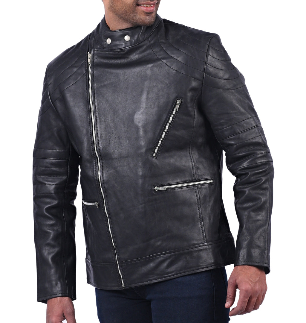 Men's black double breasted sheepskin biker jacket, photo 3