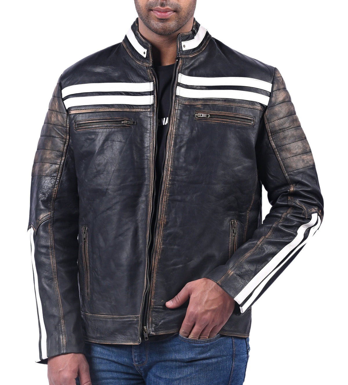 Men's black distressed full grain cowhide jacket, photo 5