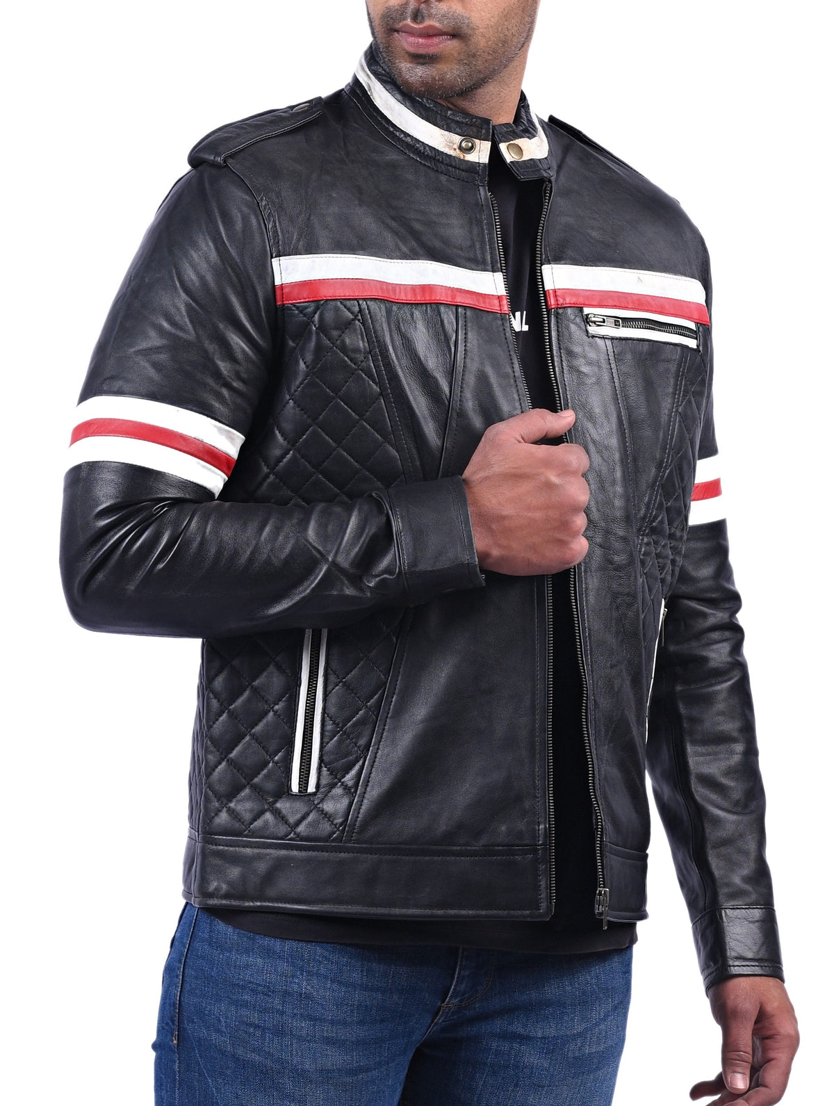 Men's black quilted cowhide jacket with red and white stripes, photo 3