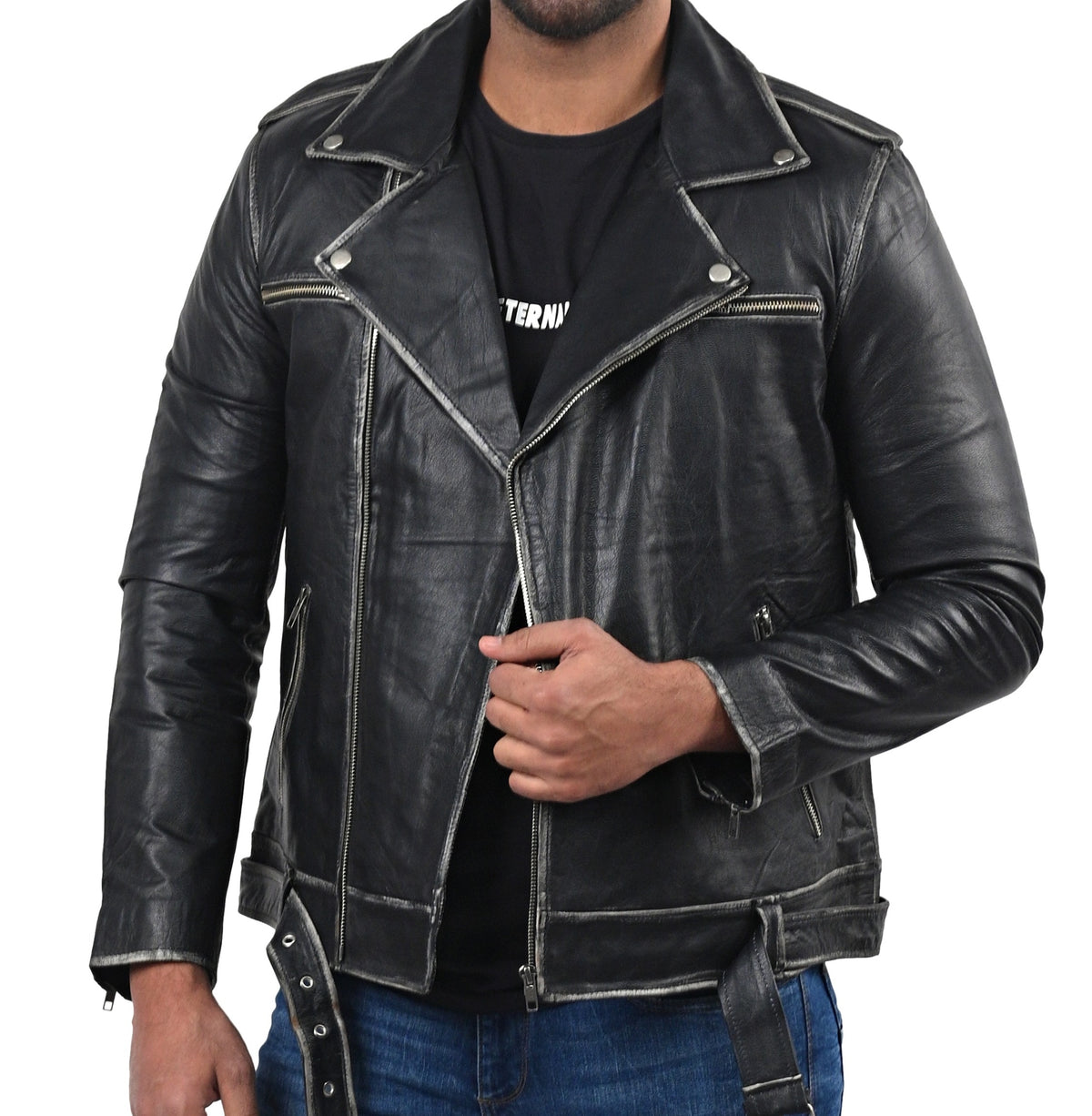 Men's distressed black full grain cowhide biker jacket, photo 3