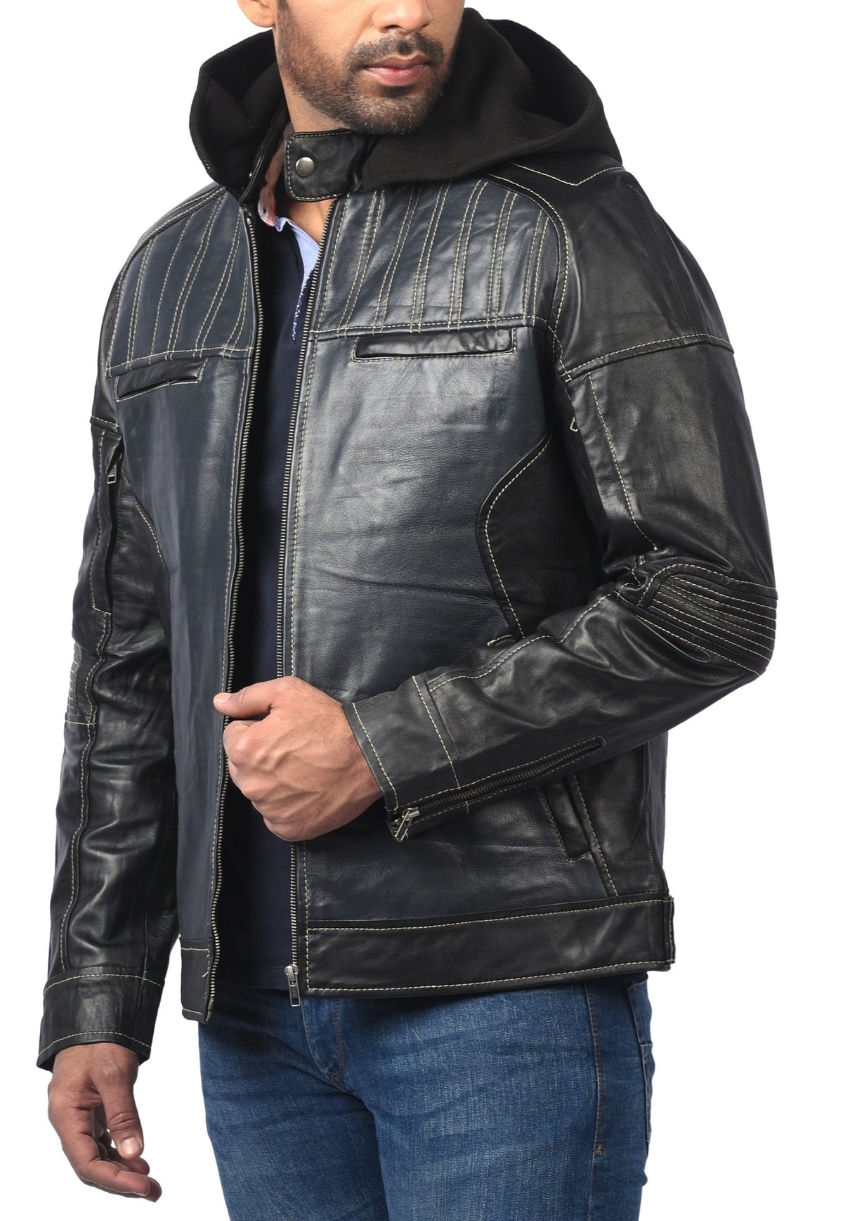 Men's vintage hooded sheepskin leather jacket, photo 3