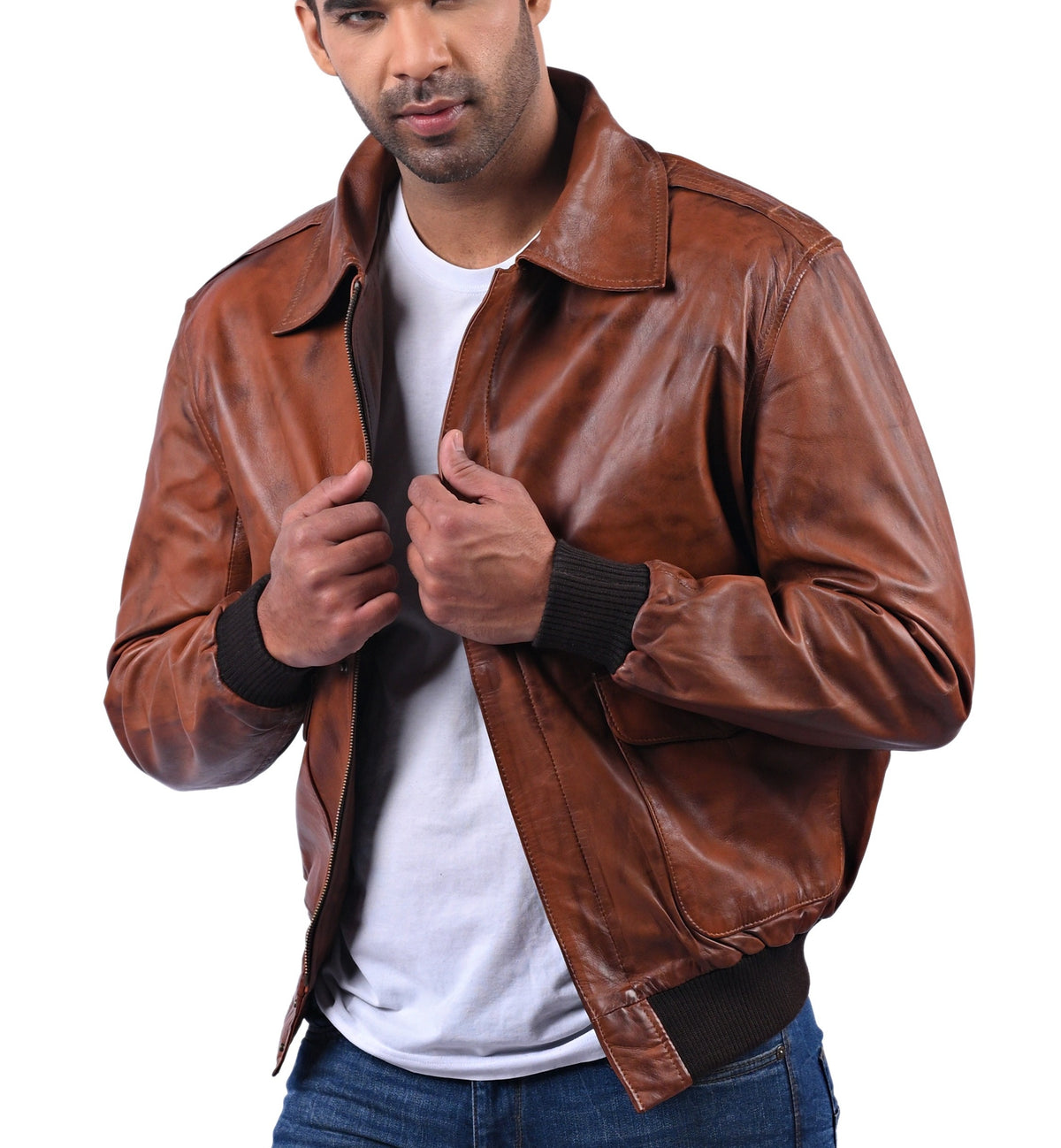 Men's antique brown cowhide aviator bomber jacket, photo 3