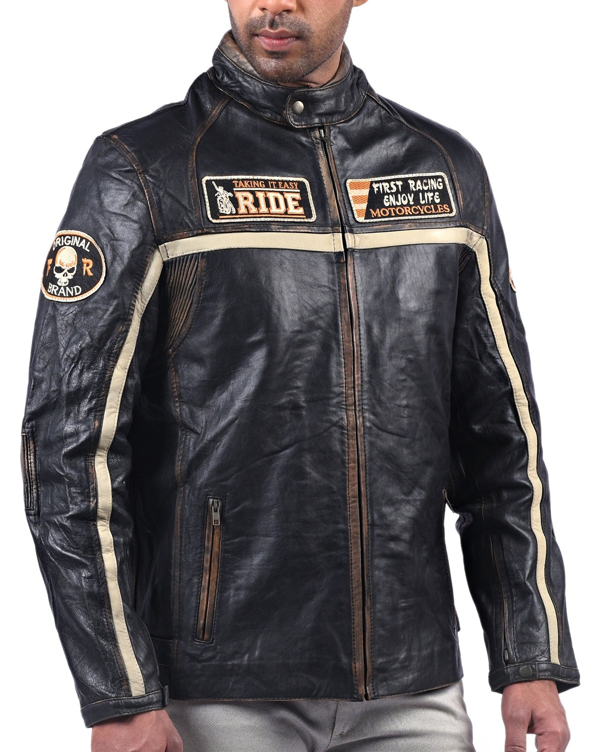 Men's black sheepskin jacket with beige stripes, photo 5
