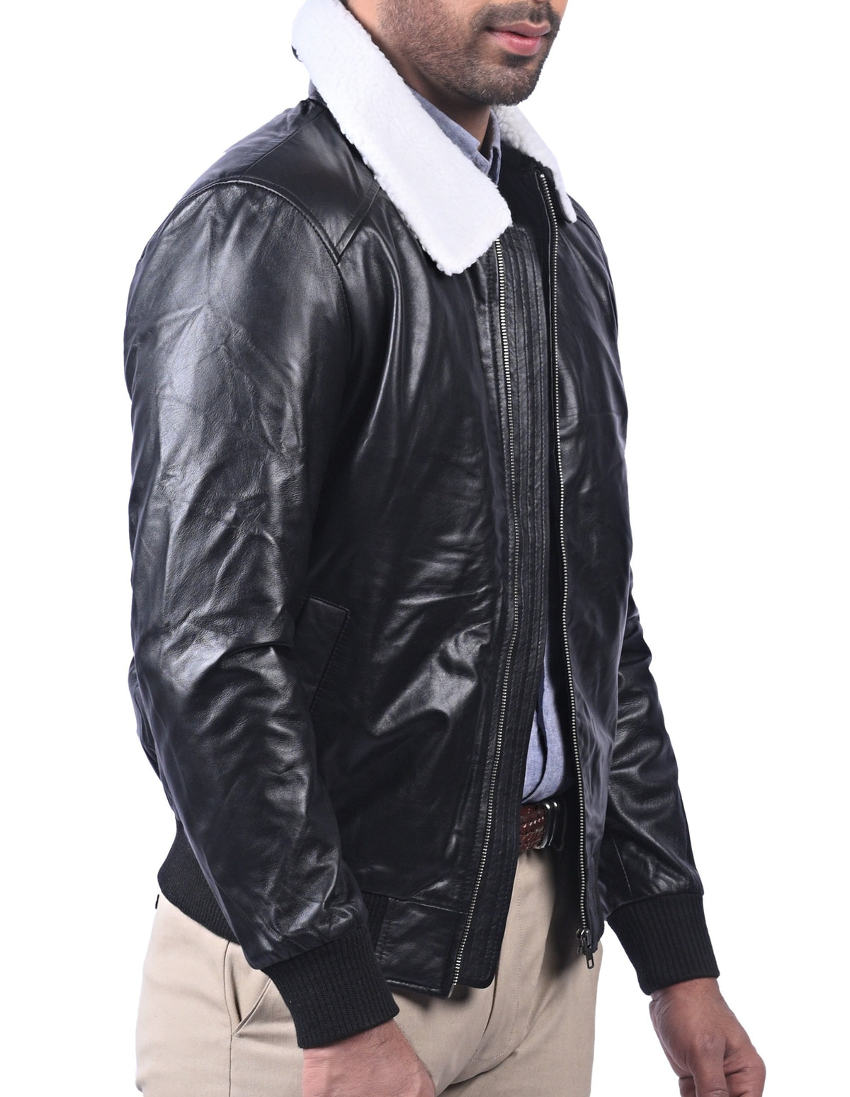 Men's black sheepskin bomber jacket with faux fur collar, photo 2