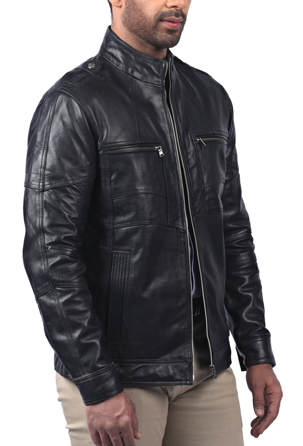 Men's black sheepskin jacket with round collar, photo 3