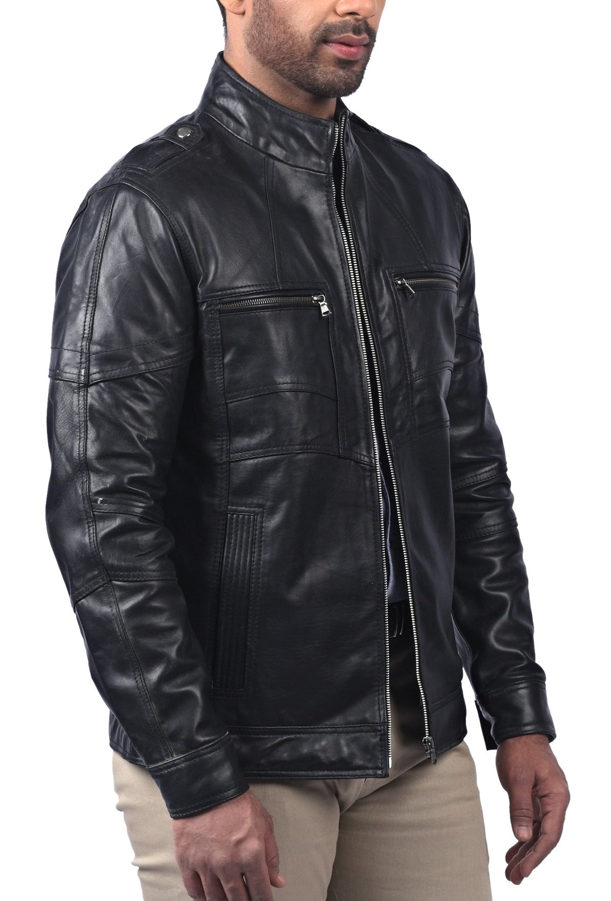 Men's black sheepskin jacket with round collar, photo 3