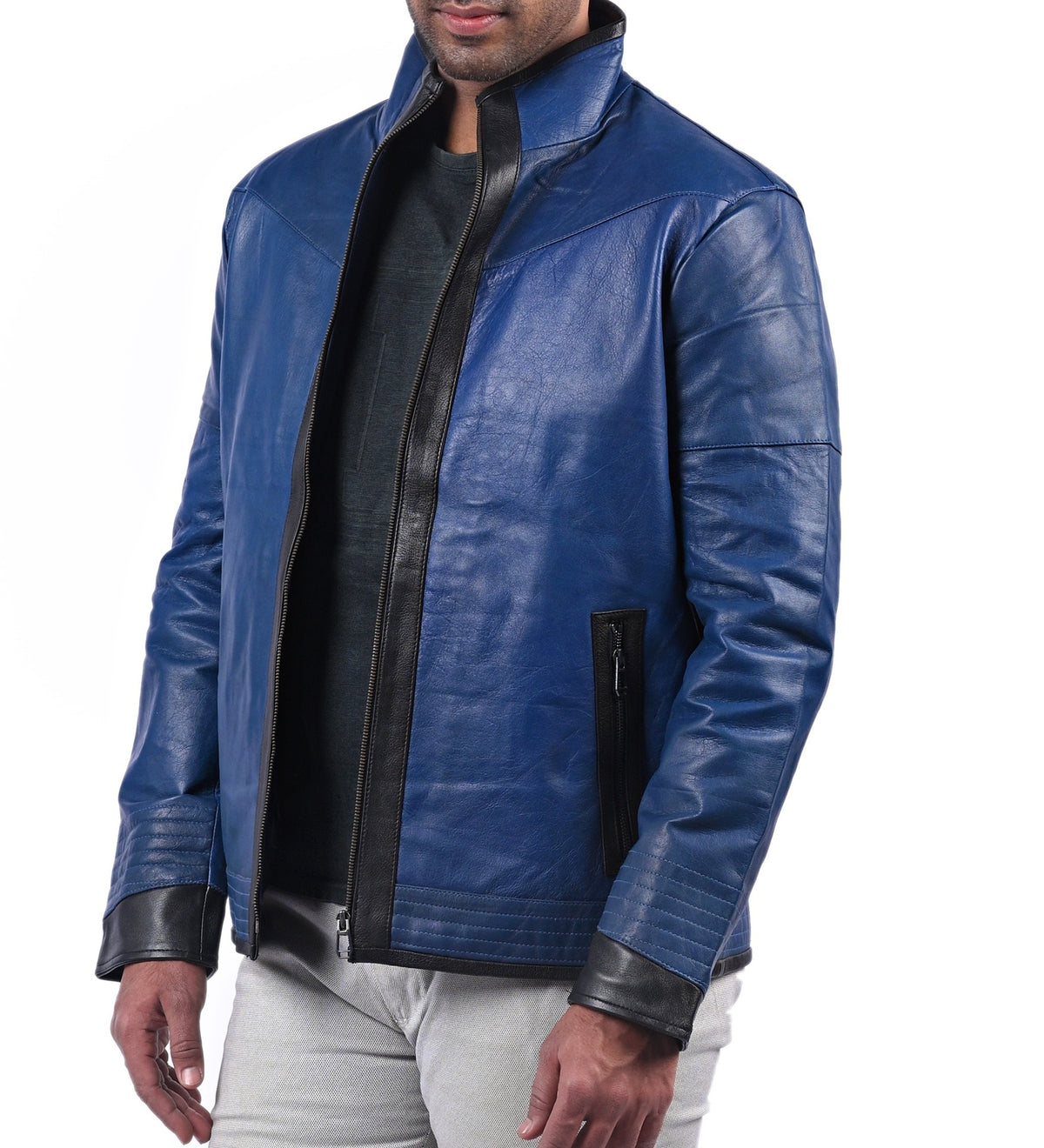 Men's blue sheepskin biker jacket with black contrast, photo 4