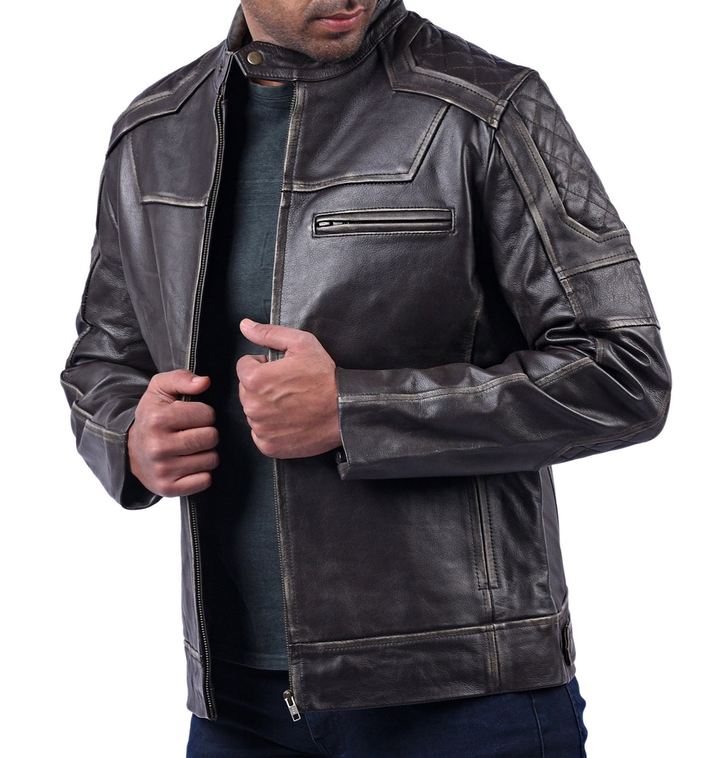 Men's black distressed cowhide jacket with snap collar, photo 3