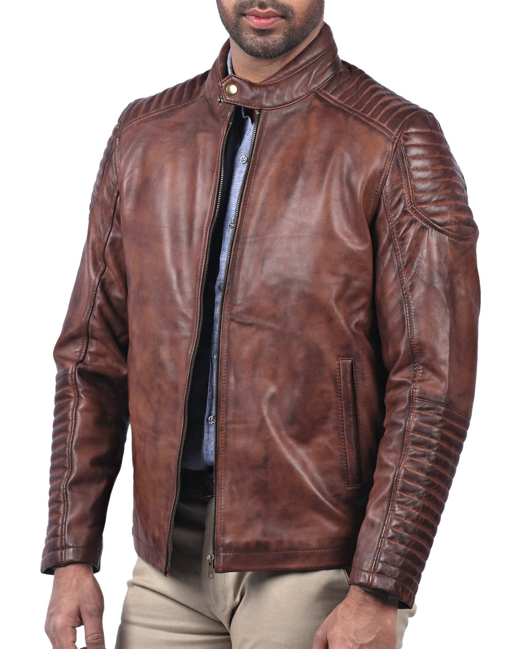 Men's classic tan waxed sheepskin leather jacket, photo 3