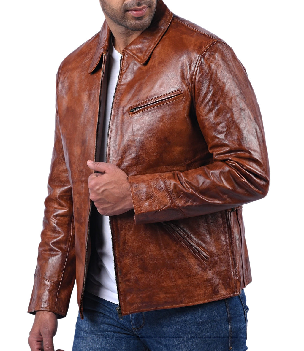 Men's classic tan waxed cowhide leather jacket, photo 3
