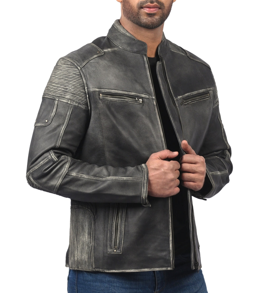 Men's distressed gray sheepskin cafe racer jacket, photo 2