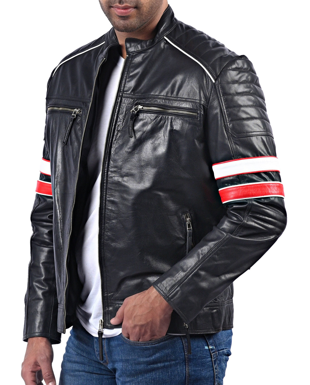 Men's black sheepskin biker jacket with red and white stripes, photo 3