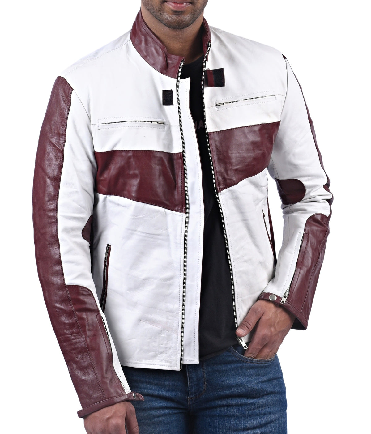 Men's maroon and white sheepskin racer jacket, photo 3