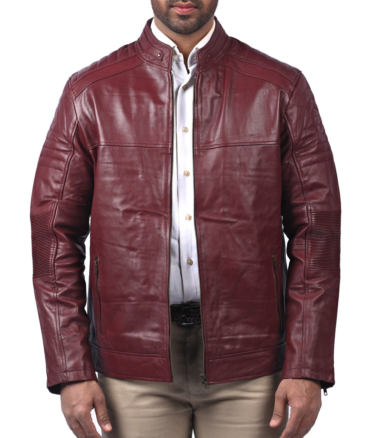 Men's maroon cafe racer jacket with zebra back print, photo 3
