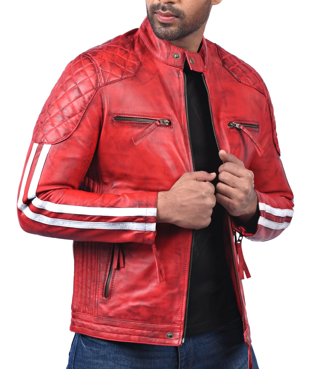 Plymouth red sheepskin biker jacket with white stripes, photo 4
