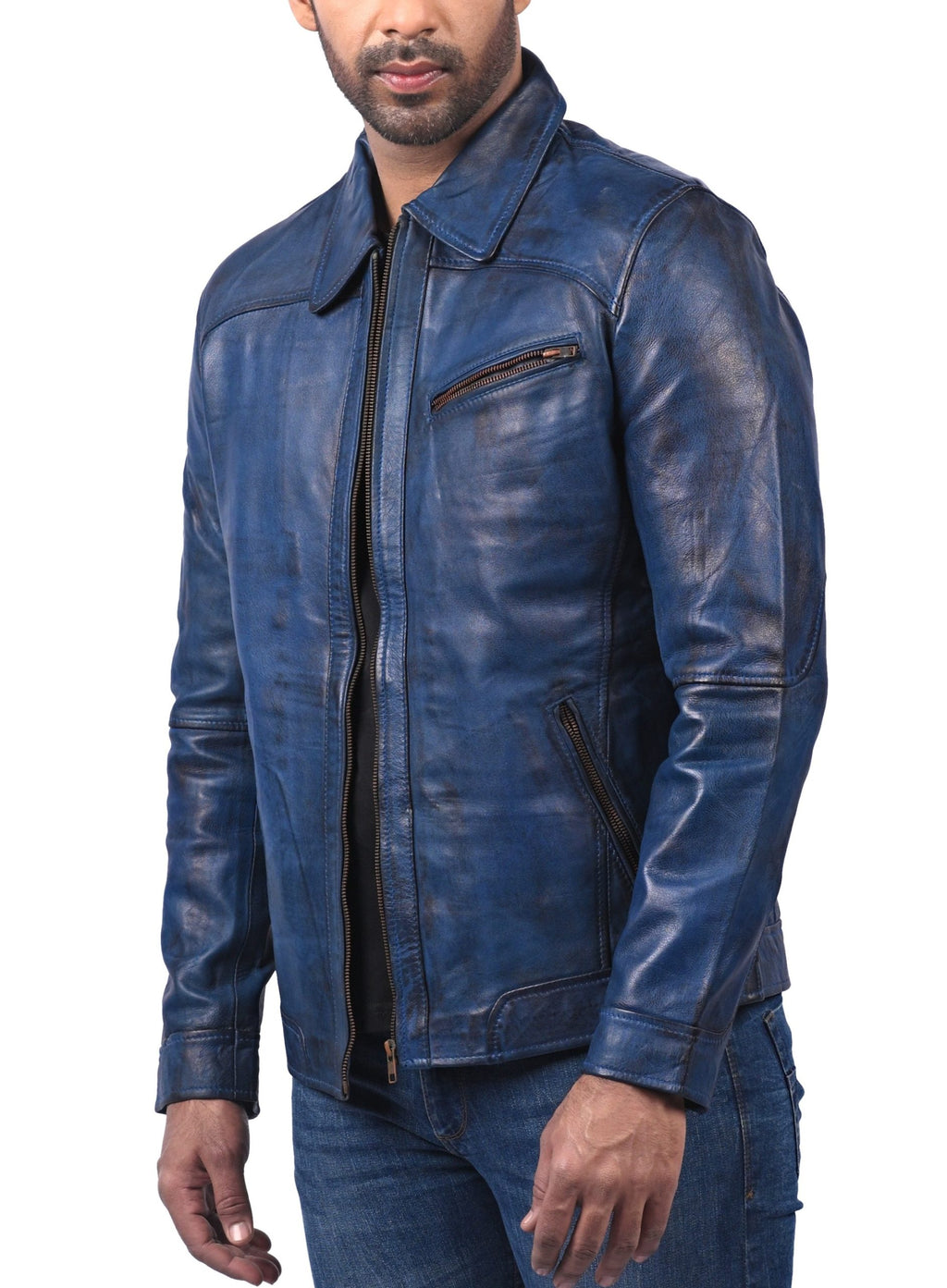 Men's blue waxed sheepskin vintage racer jacket, photo 3