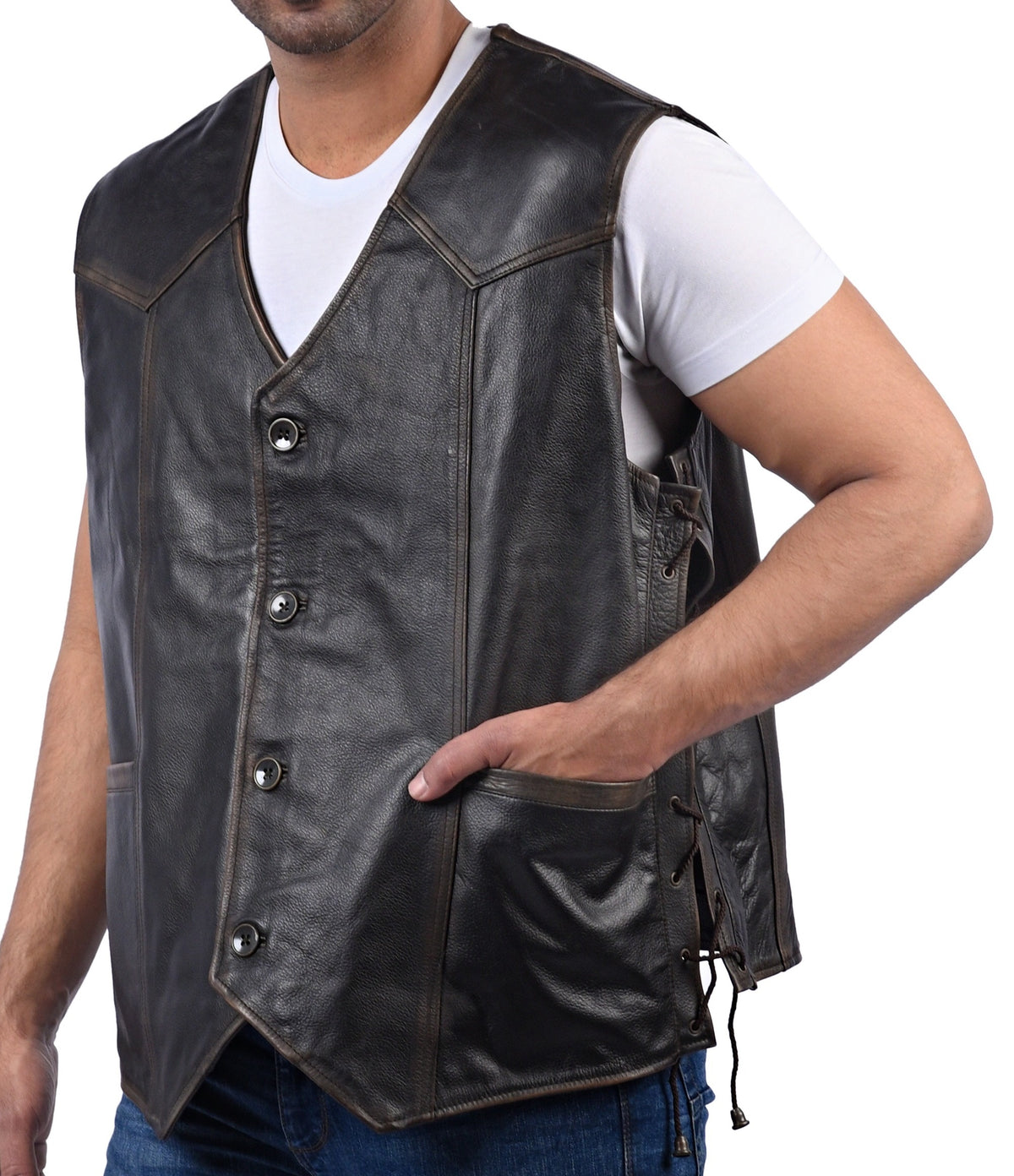 Black cowhide skull vest with embossed back, photo 3