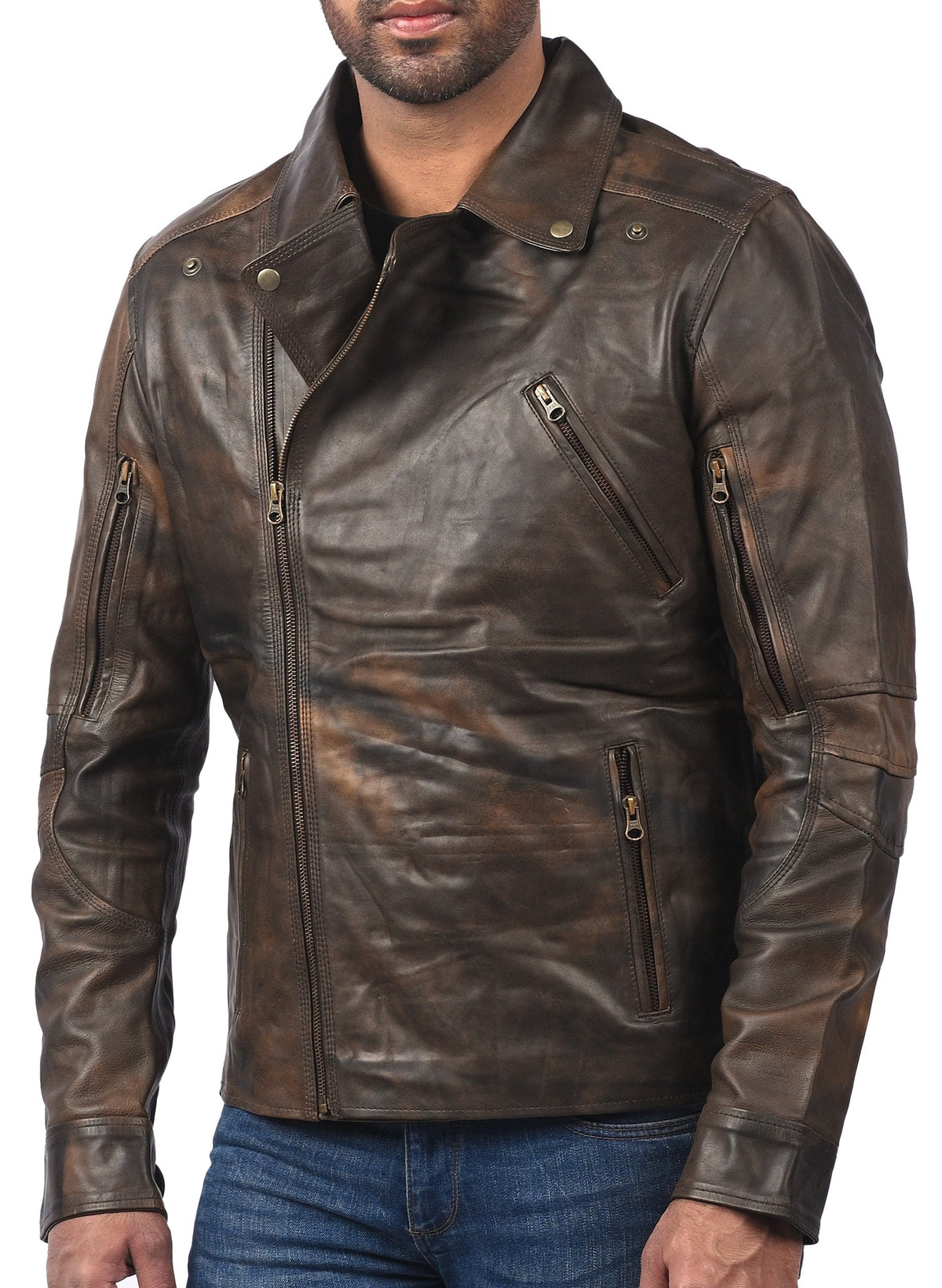 Triple stitch double breasted biker jacket, distressed brown, photo 3