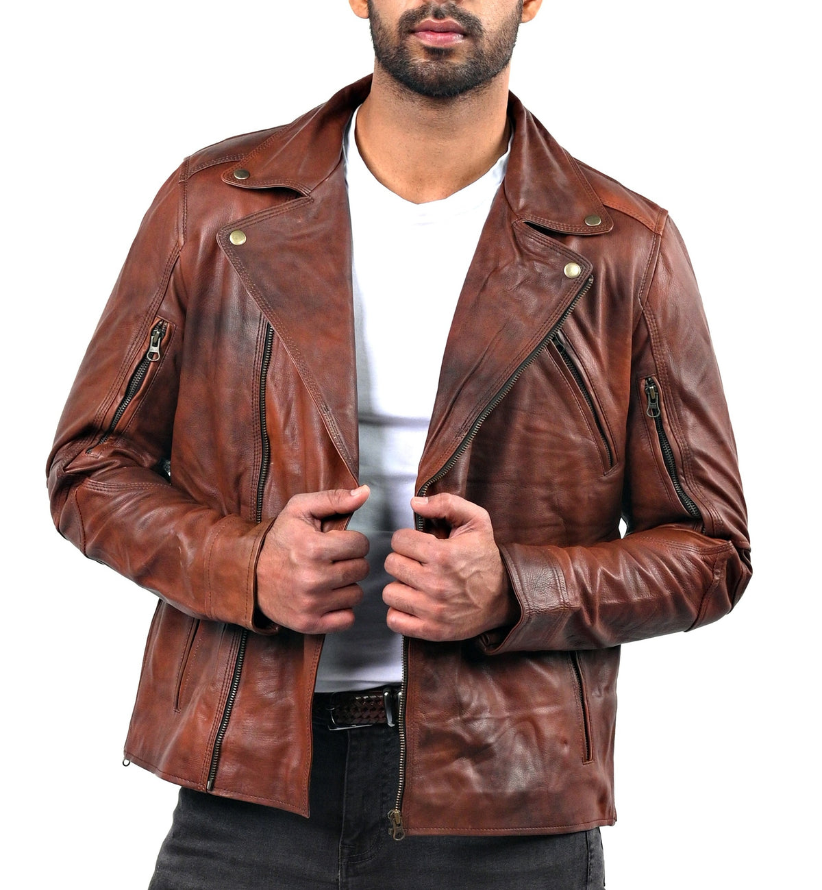 Triple stitch double breasted biker jacket, distressed camel, photo 3