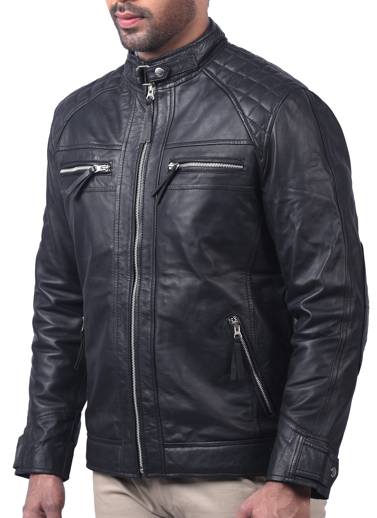 Men's black sheepskin cafe racer biker jacket, photo 3