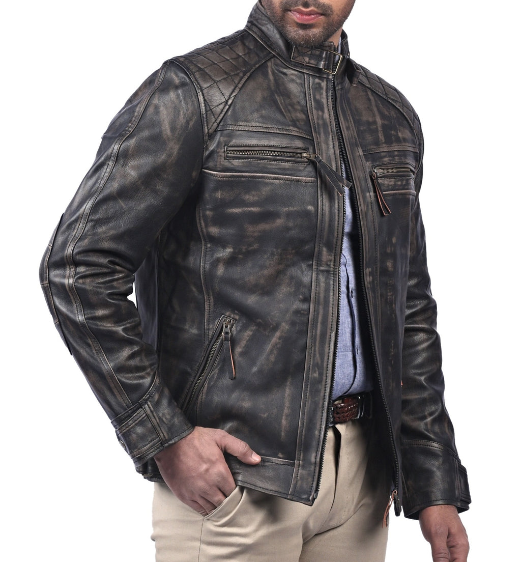 Men's black distressed cowhide cafe racer jacket, photo 4
