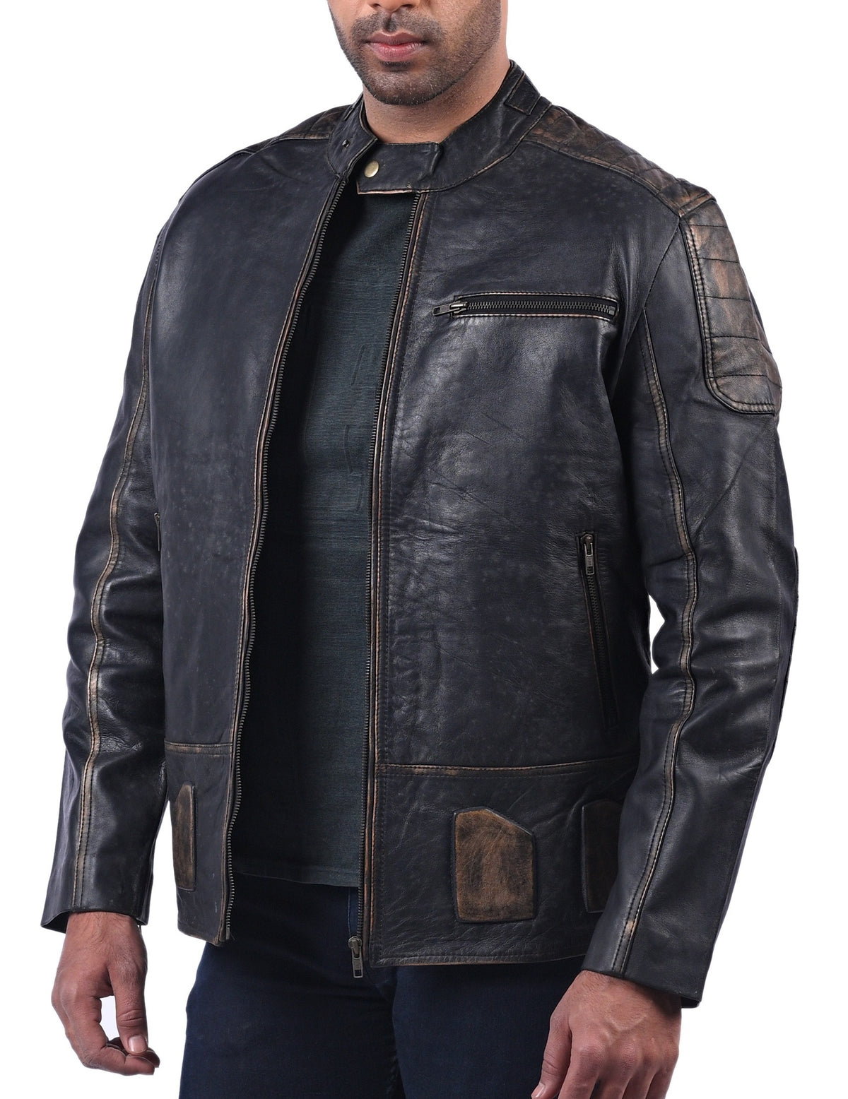 Men's black rub-off cowhide biker jacket, photo 5