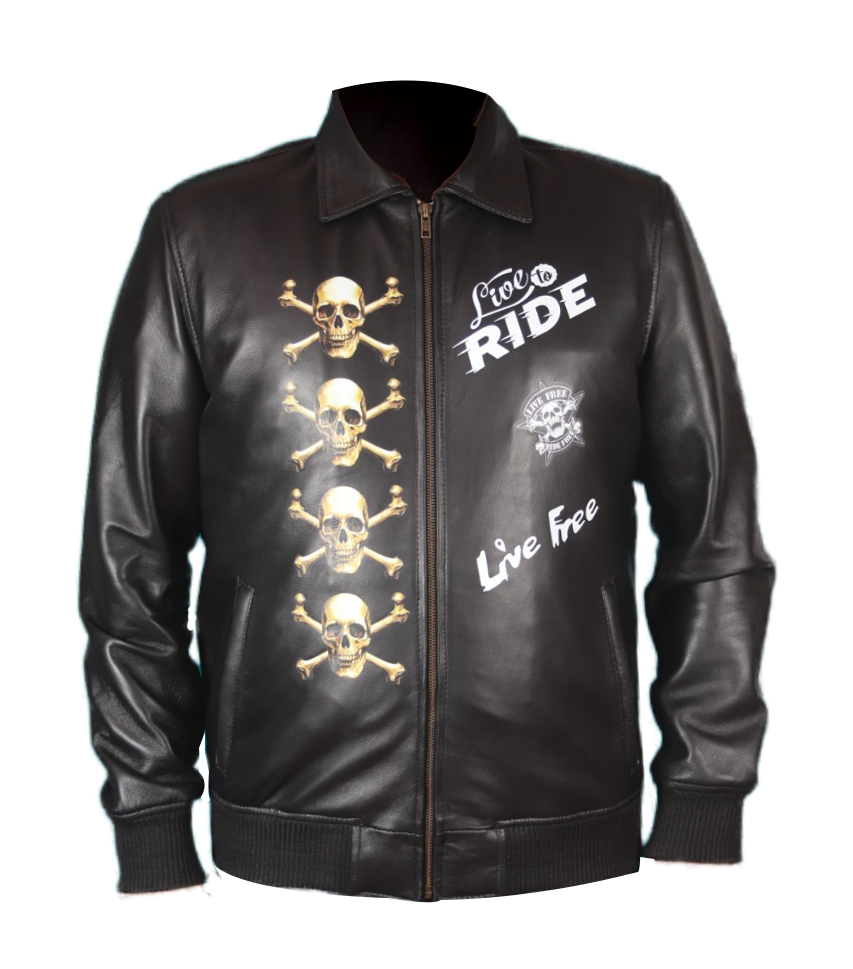 Skull Ride print black sheepskin biker jacket, photo 3
