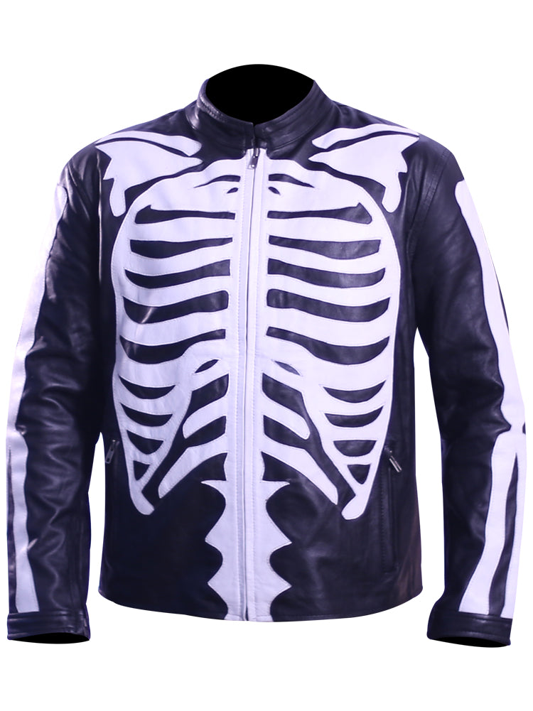 Men's black lambskin leather biker jacket with white skeleton design