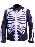 Men's black lambskin leather biker jacket with white skeleton design