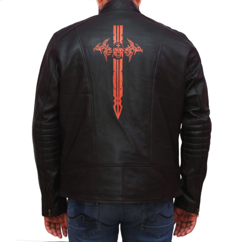 Men's black skull and sword sheepskin biker jacket