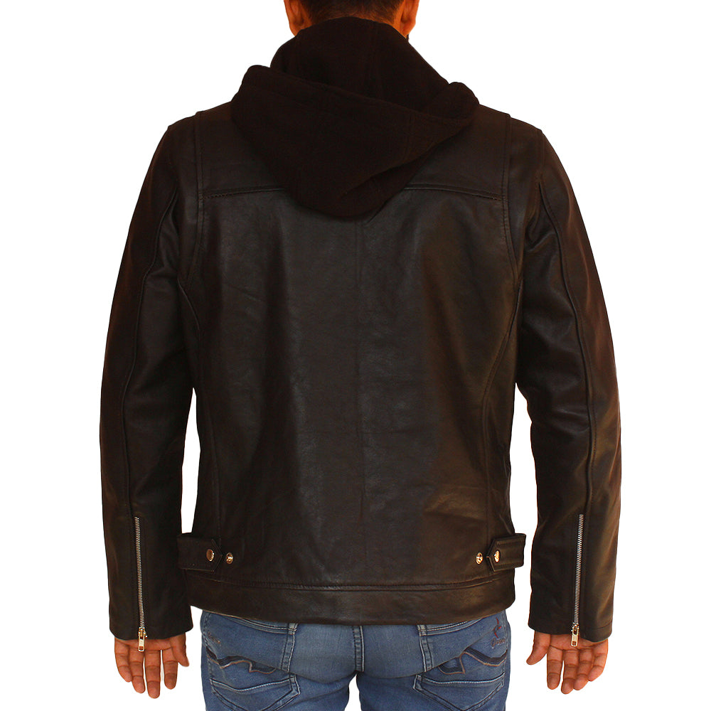 Men's black cowhide hooded biker jacket, photo 3