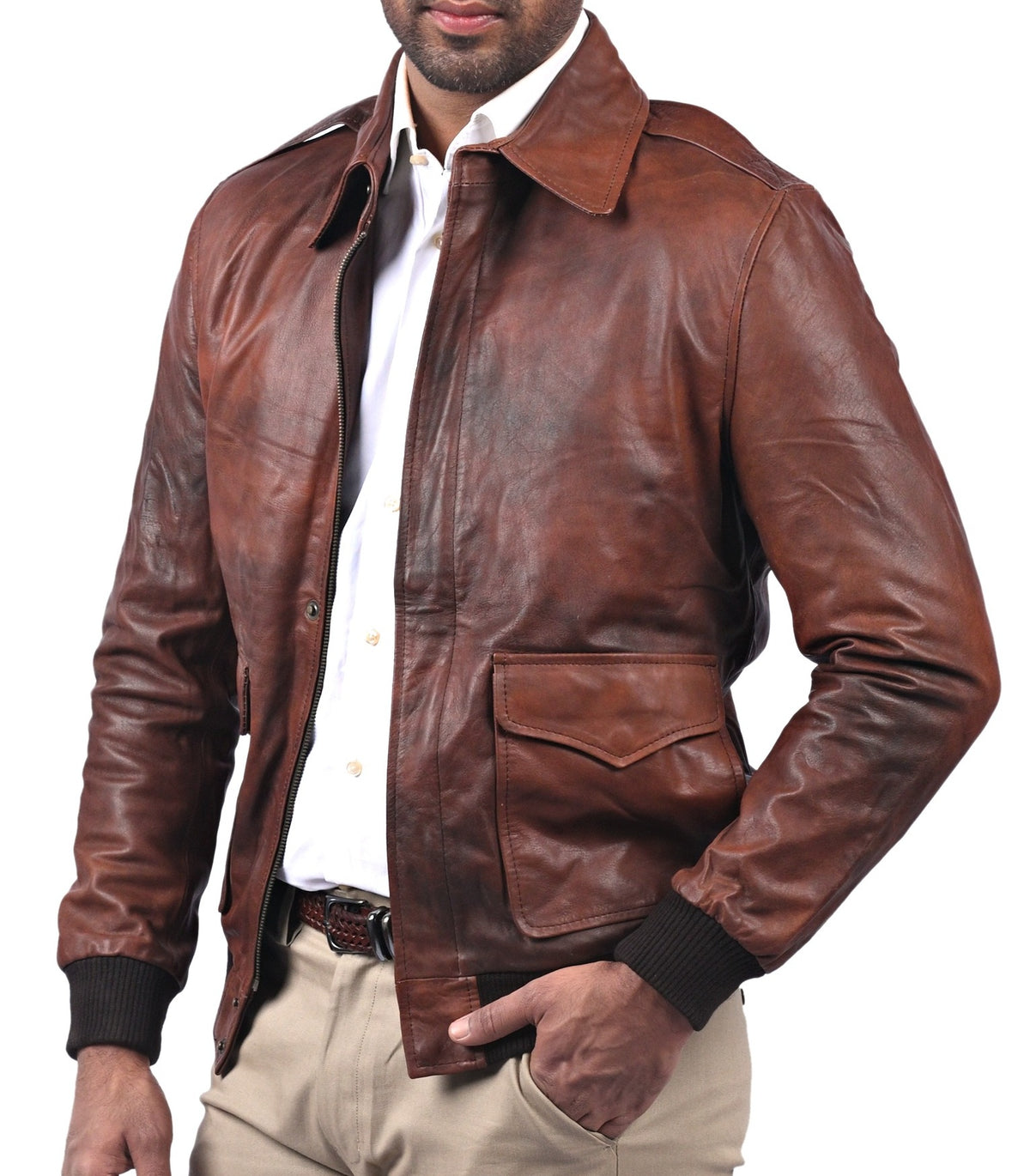A2 pilot bomber jacket in antique brown cowhide, photo 4