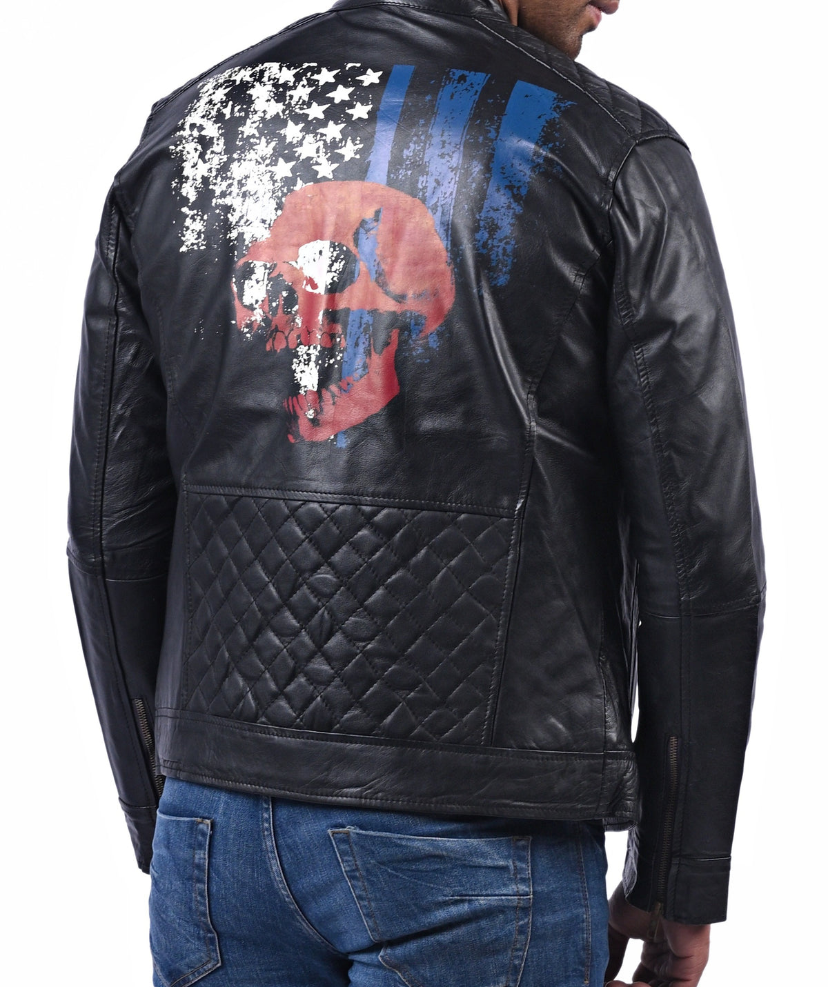 American flag skull print black sheepskin jacket, photo 4
