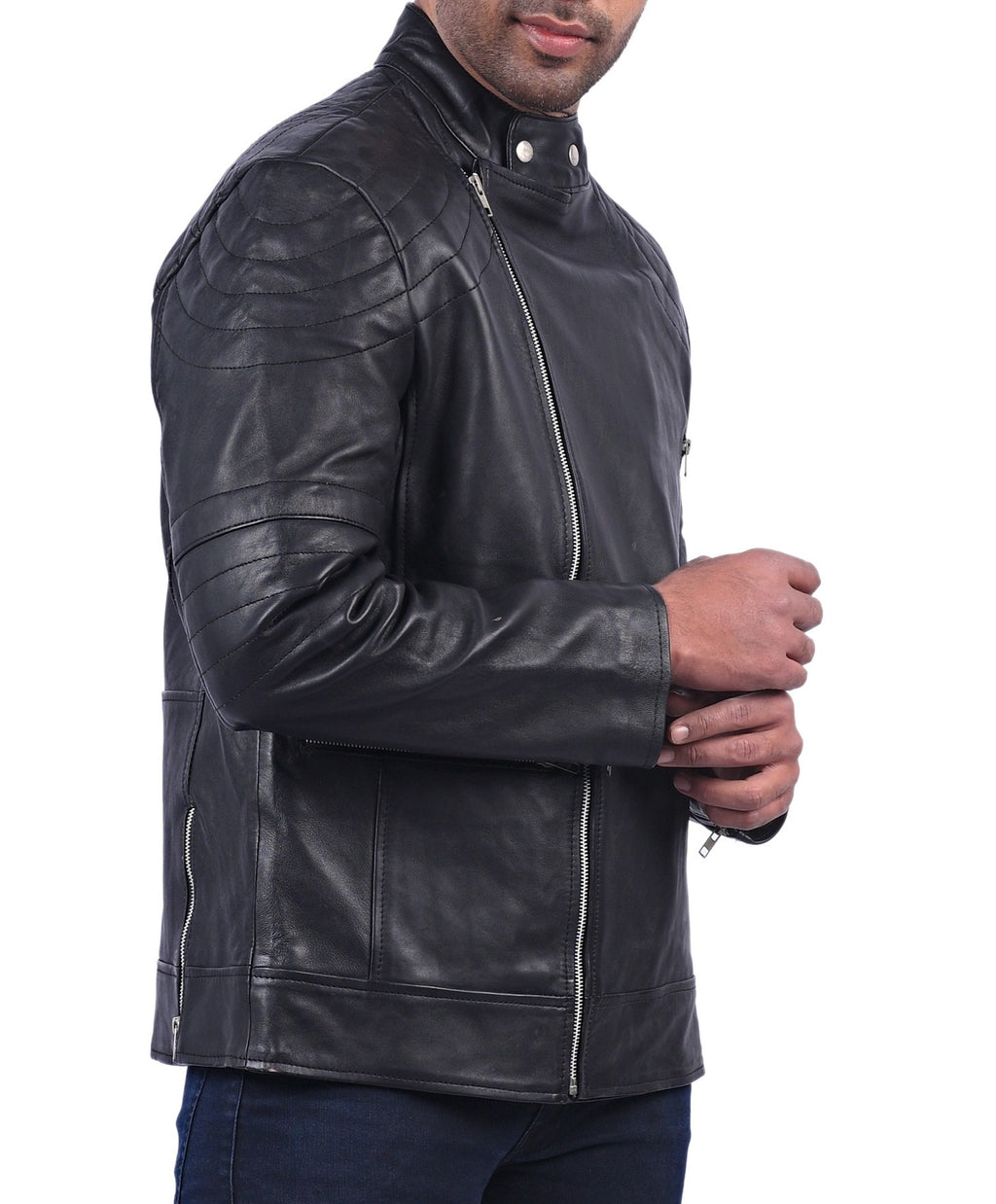 Men's black double breasted sheepskin biker jacket, photo 4