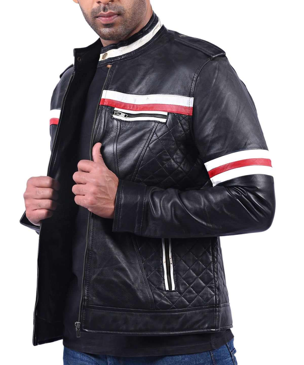 Men's black quilted cowhide jacket with red and white stripes, photo 4