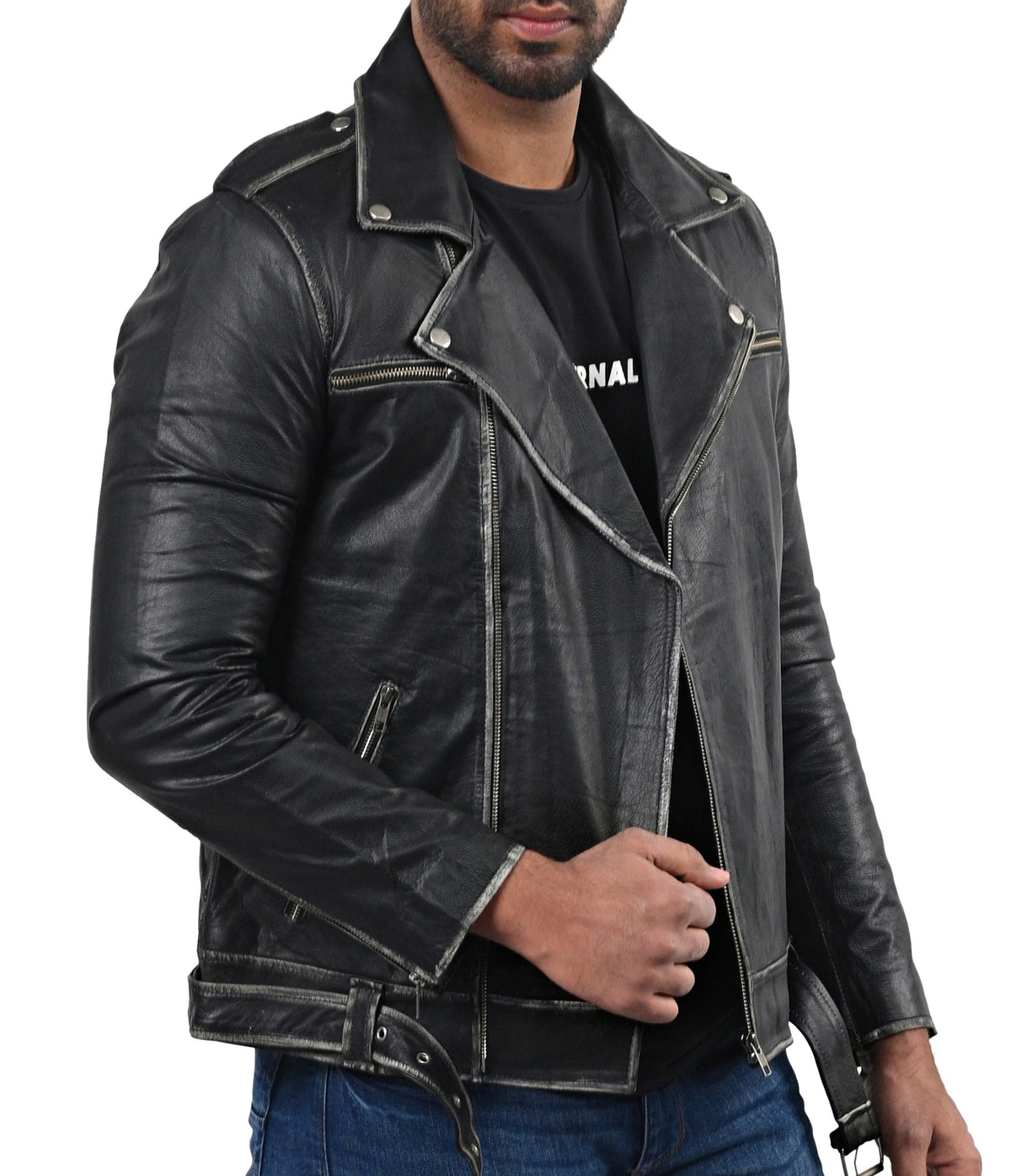 Men's distressed black full grain cowhide biker jacket, photo 4