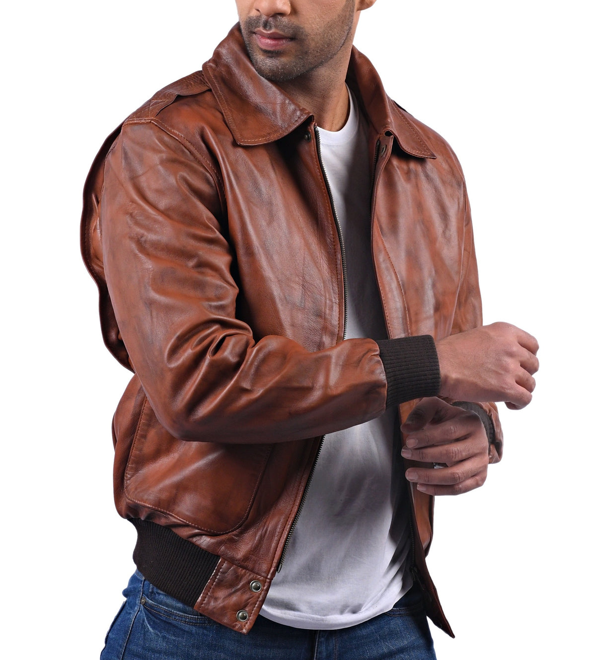 Men's antique brown cowhide aviator bomber jacket, photo 4